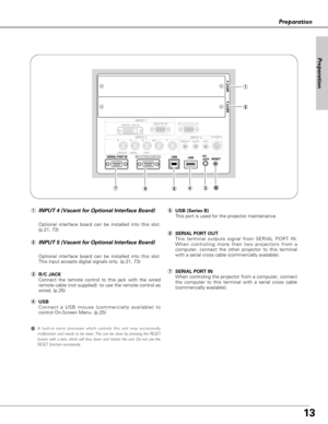 Page 1313
Preparation
A built-in micro processor which controls this unit may occasionally
malfunction and needs to be reset. This can be done by pressing the RESET 
button with a pen, which will shut down and restart the unit. Do not use the
RESET function excessively.
q
erty
uSERIAL PORT IN
When controling the projector from a computer, connect
the computer to this terminal with a serial cross cable
(commercially available).
tUSB (Series B)
This port is used for the projector maintenance.
ySERIAL PORT OUT...