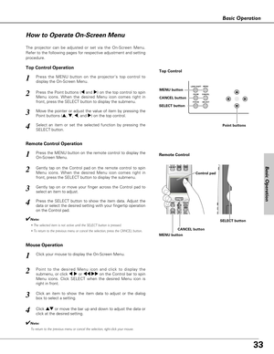 Page 3333
Basic Operation
Basic Operation
LENS SHIFTMENU
CANCEL
SELECT ZOOM
FOCUS
How to Operate On-Screen Menu
The projector can be adjusted or set via the On-Screen Menu.
Refer to the following pages for respective adjustment and setting
procedure.
Gently tap on the Control pad on the remote control to spin
Menu icons. When the desired Menu icon comes right in
front, press the SELECT button to display the submenu.
Gently tap on or move your finger across the Control pad to
select an item to adjust. Press the...