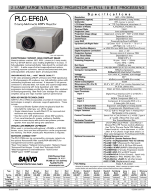 Page 12-LAMP LARGE VENUE LCD PROJECTOR w/FULL 10-BIT PROCESSING 
Issued 4/06 ©2006 SANYO   
 PLC-EF60A 
2-Lamp Multimedia HDTV Projector 
                                                                               EXCEPTIONALLY BRIGHT, HIGH CONTRAST IMAGE 
Rated to deliver a radiant 5800 ANSI Lumens (in 2-lamp mode), 
the PLC-EF60A delivers class-leading brightness in its class.  A 
fully adjustable mechanical shutter helps boost the contrast ratio 
to 1300:1.  A wide range of other image adjustment...