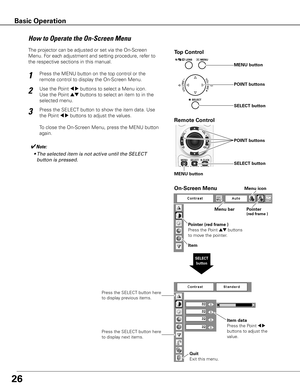 Page 2626
Top Control
Menu barPointer(red frame )
Menu icon
Item data
Press the Point 
7 8 
buttons to adjust the 
value.
SELECT 
button
Pointer (red frame )
Press the Point 
ed buttons 
to move the pointer.
Item
How to Operate the On-Screen Menu
MENU button
SELECT button POINT buttons
On-Screen Menu
Quit
Exit this menu.
The projector can be adjusted or set via the On-Screen 
Menu. For each adjustment and setting procedure, refer to 
the respective sections in this manual.
Use the Point 
7 8 buttons to select a...