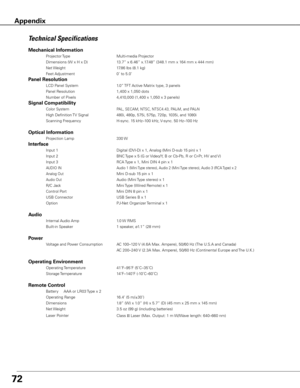 Page 7272
Technical Specifications
Mechanical Information 
 Projector Type      Multi-media Projector 
  Dimensions (W x H x D)    13.7” x 6.46” x.17.48” (348.1 mm x 164 mm x 444 mm) 
  Net Weight      17.86 lbs (8.1 kg) 
  Feet Adjustment      0˚ to 5.0˚                 
Panel Resolution 
 LCD Panel System      1.0” TFT Active Matrix type, 3 panels  
  Panel Resolution      1,400 x 1,050 dots 
  Number of Pixels      4,410,000 (1,400 x 1,050 x 3 panels)           
Signal Compatibility 
 Color System     PAL,...