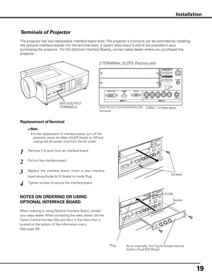 Page 19
19

Installation
Terminals of Projector
The projector has two replaceable Interface board slots. The projector's functions can be extended by installing 
the optional interface boards into the terminal slots. 2 vacant slots (Input 3 and 4) are provided in your 
purchasing the projector.  For the Optional Interface Boards, contact sales dealer where you purchased the 
projector.
Pull out the interface board.
Remove 2 Screws from an interface board.1
2
Tighten screws to secure the interface board....