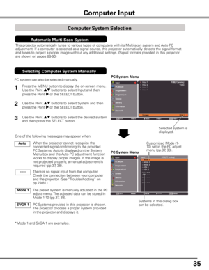 Page 35
5

Computer Input
PC System Menu
PC System Menu
1

PC system can also be selected manually.
Selected system is displayed.
Press the MENU button to display the on-screen menu. 
Use the Point ed buttons to select Input and then 
press the Point 8 or the SELECT button. 
Use the Point ed buttons to select System and then 
press the Point 8 or the SELECT button.
Use the Point ed buttons to select the desired system 
and then press the SELECT button.
Systems in this dialog box can be selected....