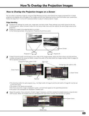 Page 69
69

How to Overlap the Projection Images on a Screen 
You can obtain a seamless image by using the Edge Blending function which blends the images projected from multiple 
projectors and digitally dims the edges of the images and the Color Matching function which eliminates color unevenness. 
Follow the steps from 1 to 5 (or 8 if necessary) below to adjust multiple projector images.  
Configure the settings for screen size, image level, and lamp mode. These settings must match those for the rest 
of the...