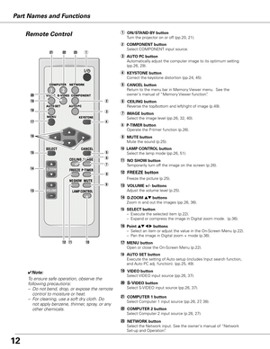 Page 12Part Names and FunctionsRemote Control
!6
@2
!2
i
!7
u
o
q ON/STAND-B y button 
Turn the projector on or off (pp.20, 21).
!9 VIDEO button
Select VIDEO input source (pp.26, 37).
@1 COMPUTER 1 button
  Select Computer 1 input source (pp.26, 27, 38).
!7 MENU button
Open or close the On-Screen Menu (p.22).!1
!4 D.ZOOM ed buttons
Zoom in and out the images (pp.26, 36).
e A UTO PC button
Automatically adjust the computer image to its optimum setting 
(pp.26, 29).
u IMAGE button Select the image level (pp.26,...