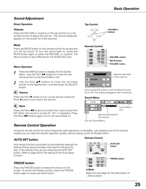 Page 25Basic Operation
Remote Control Operation
Using the remote control for some frequently used operations is advisable. Just pressing one of the buttons 
enables you to make the desired operation quickly without calling up the On-Screen Menu.
✔Note:
•  See the next page for the description of 
other buttons.Press the FREEZE button to freeze the picture on the 
screen. To cancel the Freeze function, press the FREEZE 
button again or press any other button.
FREEZE button
FREEZE button  
1
2
Press the MENU...