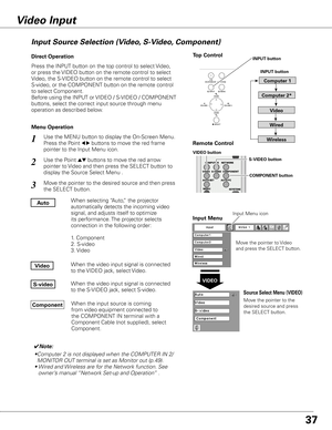 Page 37Use the MENU button to display the On-Screen Menu. 
Press the Point 
7 8 buttons to move the red frame 
pointer to the Input Menu icon.
Use the Point ed buttons to move the red arrow 
pointer to Video and then press the SELECT button to 
display the Source Select Menu . 
1
2
Move the pointer to Video 
and press the SELECT button.
VIDEO
Move the pointer to the 
desired source and press 
the SELECT button.
Source Select Menu (VIDEO)
Input Menu
Move the pointer to the desired source and then press 
the...