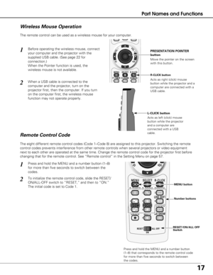 Page 1717
Part Names and Functions
The remote control can be used as a wireless mouse for your computer.
Move the pointer on the screen
with this button.  PRESENTATION POINTER
button
R-CLICK button
Acts as right (click) mouse
button while the projector and a
computer are connected with a
USB cable.
The eight different remote control codes (Code 1–Code 8) are assign\
ed to this projector. Switching the remote
control codes prevents interference from other remote controls when seve\
ral projectors or video...