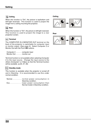 Page 5050
Setting
Ceiling
When  this  function  is  "On",  the  picture  is  top/bottom  and 
left/right  reversed.    This  function  is  used  to  project  the 
image from a ceiling mounting the projector.Rear
When this function is "On", the picture is left/right reversed.  
T h i s  f u n c t i o n  i s  u s e d  t o  p r o j e c t  t h e  i m a g e  t o  a  r e a r 
projection screen.
Ceiling 
Rear 
Terminal
The  COMPUTER  IN  2/MONITOR  OUT  terminal  on  the 
back  of  the  projector  is...