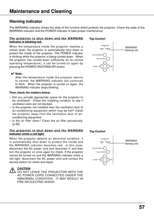 Page 5757
Maintenance and Cleaning
The WARNING indicator shows the state of the function which protects the projector. Check the state of the 
WARNING indicator and the POWER indicator to take proper maintenance.
Warning indicator
T h e   p r o j e c t o r   i s   s h u t   d o w n   a n d   t h e   WA R N I N G 
indicator is blinking red .
When  the  temperature  inside  the  projector  reaches  a 
certain  level,  the  projector  is  automatically  shut  down  to 
protect  the  inside  of  the  projector....