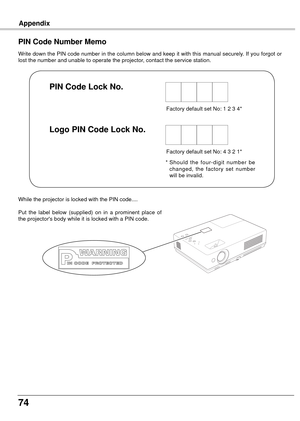 Page 7474
Appendix
Write down the PIN code number in the column below and keep it with this manual securely. If you forgot or 
lost the number and unable to operate the projector, contact the service station. 
PIN Code Number Memo
Factory default set No: 1 2 3 4*
*  Should  the  four-digit  number  be 
changed,  the  factory  set  number 
will be invalid.
PIN Code Lock No .
Logo PIN Code Lock No .
Factory default set No: 4 3 2 1*
While the projector is locked with the PIN code....
Put  the  label  below...