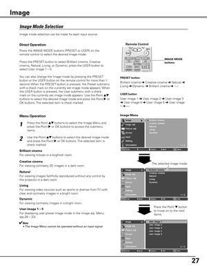 Page 2727
Press the Point ed buttons to select the Image Menu and 
press the Point 
8 or OK buttons to access the submenu 
items.1
2Use the Point ed buttons to select the desired image mode 
and press the Point 
8 or OK buttons. The selected item is 
check marked. Image Menu
Image Mode Selection 
Direct Operation
Menu OperationRemote Control
IMAGE MODE
buttons
For viewing contrasty 3D images in a dark room.  Creative cinema
For displaying user preset image mode in the Image adj. Menu 
(pp.28 – 33). User image 1...