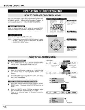 Page 1616
MENU
SELECT
NO SHOW
FREEZE NORMALMUTE
BEFORE OPERATION
HOW TO OPERATE ON-SCREEN MENU
FLOW OF ON-SCREEN MENU
Display ON-SCREEN MENU
Press MENU button to display the ON-SCREEN MENU
(MENU BAR).  The red frame is the POINTER.
Select the ITEM by pressing SELECT button.  The dialog
box of the ITEM appears.
Move the POINTER (red frame) to the ITEM ICON that
you want to select by pressing POINT RIGHT/ LEFT
buttons.
Move the POINTER to the ITEM that you want to adjust
and adjust the ITEM by pressing SELECT...