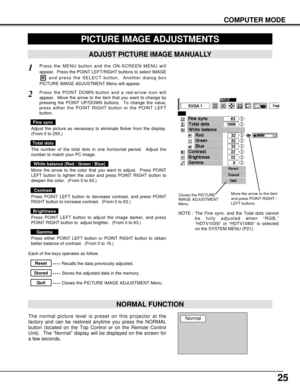 Page 2525
COMPUTER MODE
Press the MENU button and the ON-SCREEN MENU will
appear.  Press the POINT LEFT/RIGHT buttons to select IMAGE
and press the SELECT button.  Another dialog box
PICTURE IMAGE ADJUSTMENT Menu will appear. 
Press the POINT DOWN button and a red-arrow icon will
appear.  Move the arrow to the item that you want to change by
pressing the POINT UP/DOWN buttons.  To change the value,
press either the POINT RIGHT button or the POINT LEFT
button.
1
2
ADJUST PICTURE IMAGE MANUALLY
Adjust the picture...