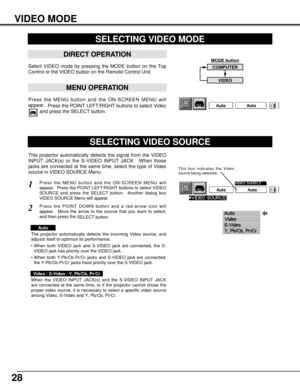 Page 2828
MODE button
VIDEO MODE
Press the MENU button and the ON-SCREEN MENU will
appear.  
Press the POINT LEFT/RIGHT buttons to select Video
and press the SELECT button.  
SELECTING VIDEO MODE
DIRECT OPERATION
Select VIDEO mode by pressing the MODE button on the Top
Control or the VIDEO button on the Remote Control Unit.
MENU OPERATION
COMPUTER
VIDEO
This projector automatically detects the signal from the VIDEO
INPUT JACK(s) or the S-VIDEO INPUT JACK.  When those
jacks are connected at the same time, select...