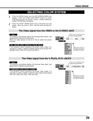 Page 2929
VIDEO MODE
SELECTING COLOR SYSTEM
Press the MENU button and the ON-SCREEN MENU will
appear.  Press the POINT LEFT/RIGHT buttons to select
SYSTEM and press the SELECT button.  Another dialog box
VIDEO SYSTEM Menu will appear. 
Press the POINT DOWN button and a red-arrow icon will
appear.  Move the arrow to Auto, and then press the 
SELECT
button.  
1
2
The projector automatically detects the incoming Video system, and
adjusts itself to optimize its performance.
When the Video System is PAL-M or PAL-N,...