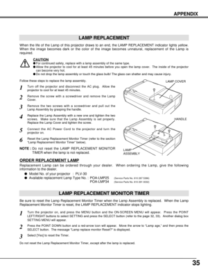 Page 3535
APPENDIX
LAMP REPLACEMENT
When the life of the Lamp of this projector draws to an end, the LAMP REPLACEMENT indicator lights yellow.
When the image becomes dark or the color of the image becomes unnatural, replacement of the Lamp is
required.
Turn off the projector and disconnect the AC plug.  Allow the
projector to cool for at least 45 minutes.
Remove the two screws with a screwdriver and pull out the
Lamp Assembly by grasping the handle.
1
3
LAMP REPLACEMENT MONITOR TIMER
Replace the Lamp Assembly...