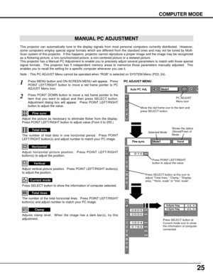 Page 2525
COMPUTER MODE
MANUAL PC ADJUSTMENT
This projector can automatically tune to the display signals from most personal computers currently distributed.  However,
some computers employ special signal formats which are different from the standard ones and may not be tuned by Multi-
Scan system of this projector.  If this happens, projector cannot reproduce a proper image and the image may be recognized
as a flickering picture, a non-synchronized picture, a non-centered picture or a skewed picture.
This...