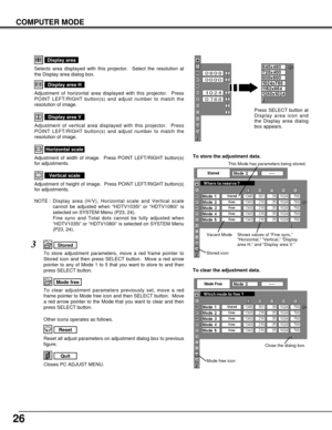 Page 2626
COMPUTER MODE
NOTE : Display area (H/V), Horizontal scale and Vertical scale
cannot be adjusted when “HDTV1035i” or “HDTV1080i” is
selected on SYSTEM Menu (P23, 24).
Fine sync and Total dots cannot be fully adjusted when
“HDTV1035i” or “HDTV1080i” is selected on SYSTEM Menu
(P23, 24).
Selects area displayed with this projector.  Select the resolution at
the Display area dialog box.
Display area
Adjustment of horizontal area displayed with this projector.  Press
POINT LEFT/RIGHT button(s) and adjust...