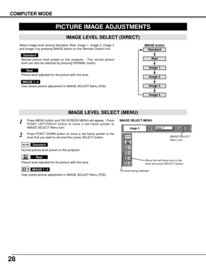 Page 2828
COMPUTER MODE
PICTURE IMAGE ADJUSTMENTS
IMAGE LEVEL SELECT (MENU)
Press MENU button and ON-SCREEN MENU will appear.  Press
POINT LEFT/RIGHT button to move a red frame pointer to
IMAGE SELECT Menu icon.1
2Press POINT DOWN button to move a red frame pointer to the
level that you want to set and then press SELECT button.
Move the red frame icon to the
level and press SELECT button.
The level being selected.
IMAGE SELECT MENU
Normal picture level preset on this projector.
Standard
Picture level adjusted...