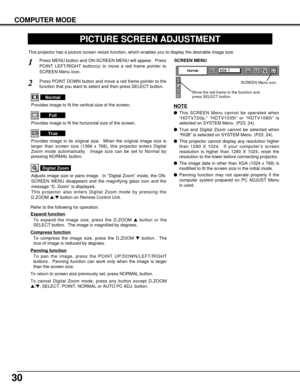 Page 3030
COMPUTER MODE
PICTURE SCREEN ADJUSTMENT
This projector has a picture screen resize function, which enables you to display the desirable image size.
Press MENU button and ON-SCREEN MENU will appear.  Press
POINT LEFT/RIGHT button(s) to move a red frame pointer to
SCREEN Menu icon.
Adjusts image size or pans image.  In “Digital Zoom” mode, the ON-
SCREEN MENU disappears and the magnifying glass icon and the
message “D. Zoom” is displayed.  
This projector also enters Digital Zoom mode by pressing the...