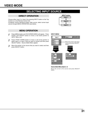 Page 3131
VIDEO MODE
SELECTING INPUT SOURCE
MENU OPERATION
DIRECT OPERATION
Choose either Input 2 or Input 3 by pressing INPUT button on the Top
Control or on the Remote Control Unit.
If projector cannot reproduce proper video source, select correct input
source through MENU OPERATION (see below).
Press MENU button and ON-SCREEN MENU will appear.  Press
POINT LEFT/RIGHT button to move a red frame pointer to
INPUT Menu icon.
Press POINT DOWN button to move a red arrow pointer to
either Input 2 or Input 3 that...