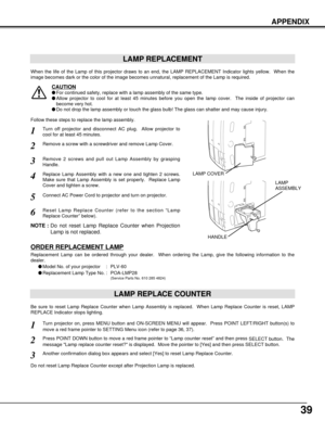 Page 3939
APPENDIX
LAMP REPLACEMENT
When the life of the Lamp of this projector draws to an end, the LAMP REPLACEMENT Indicator lights yellow.  When the
image becomes dark or the color of the image becomes unnatural, replacement of the Lamp is required.
Turn off projector and disconnect AC plug.  Allow projector to
cool for at least 45 minutes.
Remove 2 screws and pull out Lamp Assembly by grasping
Handle.
1
3
LAMP REPLACE COUNTER
Replace Lamp Assembly with a new one and tighten 2 screws.
Make sure that Lamp...