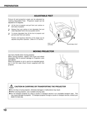 Page 1010
PREPARATION
CAUTION IN CARRYING OR TRANSPORTING THE PROJECTOR
Do not drop or bump projector, otherwise damages or malfunctions may result.
When carrying projector, use a suitable carrying case.
Do not transport projector by using a courier or transport service in an unsuitable transport case.  This
may cause damage to projector.  To transport projector through a courier or transport service, consult your
dealer for best way.
MOVING PROJECTOR
Use Carry Handle when moving projector.
When moving...