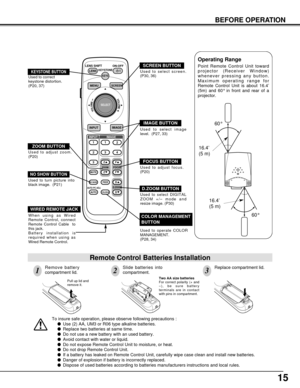 Page 1515
BEFORE OPERATION
To insure safe operation, please observe following precautions :
Use (2) AA, UM3 or R06 type alkaline batteries.
Replace two batteries at same time.
Do not use a new battery with an used battery.
Avoid contact with water or liquid.
Do not expose Remote Control Unit to moisture, or heat.
Do not drop Remote Control Unit.
If a battery has leaked on Remote Control Unit, carefully wipe case clean and install new batteries.
Danger of explosion if battery is incorrectly replaced....