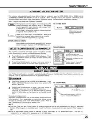 Page 2323
COMPUTER INPUT
This projector automatically tunes to most different types of computers based on VGA, SVGA, XGA or SXGA (refer to
“COMPATIBLE COMPUTER SPECIFICATION” on page 26).  When selecting Computer, this projector automatically tunes
to incoming signal and projects proper image without any special setting.  (Some computers need setting manually.)
Note : Projector may display one of following messages.
When projector cannot recognize connected signal as PC
system provided in this projector, Auto...