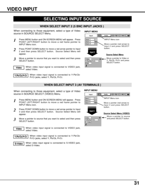 Page 3131
VIDEO INPUT
When video input signal is connected to Y-Pb/Cb-
Pr/Cr jacks, select Y, Pb/Cb, Pr/Cr.Y,Pb/Cb,Pr/Cr
SELECTING INPUT SOURCE
Press MENU button and ON-SCREEN MENU will appear.  Press
POINT LEFT/RIGHT button to move a red frame pointer to
INPUT Menu icon.1
Move a pointer to source
and press SELECT button.
Source Select Menu (VIDEO)
Move a pointer to source that you want to select and then press
SELECT button.3
When video input signal is connected to VIDEO jack,
select Video.Video
When video...