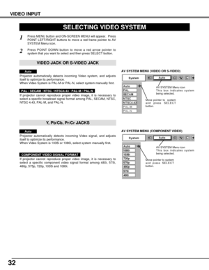 Page 3232
VIDEO INPUT
AV SYSTEM MENU (VIDEO OR S-VIDEO)
AV SYSTEM MENU (COMPONENT VIDEO)
SELECTING VIDEO SYSTEM
Press MENU button and ON-SCREEN MENU will appear.  Press
POINT LEFT/RIGHT buttons to move a red frame pointer to AV
SYSTEM Menu icon.
Press POINT DOWN button to move a red arrow pointer to
system that you want to select and then press SELECT button.
1
2
If projector cannot reproduce proper video image, it is necessary to
select a specific broadcast signal format among PAL, SECAM, NTSC,
NTSC 4.43,...