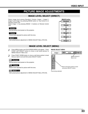 Page 3333
VIDEO INPUT
PICTURE IMAGE ADJUSTMENTS
IMAGE LEVEL SELECT (MENU)
Press MENU button and ON-SCREEN MENU will appear.  Press
POINT LEFT/RIGHT button to move a red frame pointer to
IMAGE SELECT Menu icon.1
2Press POINT DOWN button to move a red frame pointer to level
that you want to set and then press SELECT button.
Move red frame pointer to level
and press SELECT button.
Level being selected.
IMAGE SELECT MENU
Normal picture level preset on this projector.
Standard
Picture level adjusted for picture with...