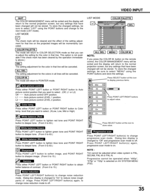 Page 3535
VIDEO INPUT
Press either POINT LEFT button or POINT RIGHT button to obtain
better balance of contrast.  (From 0 to 15.)
Gamma
Press POINT LEFT/RIGHT buttons
to adjust value.
Press POINT LEFT button to soften image, and POINT RIGHT
button to sharpen image.  (From 0 to 15.)
Sharpness
Press POINT LEFT button to lighten red tone and POINT RIGHT
button to deeper tone.  (From 0 to 63.)
White balance (Red)
Press POINT LEFT button to lighten green tone and POINT RIGHT
button to deeper tone.  (From 0 to 63.)...