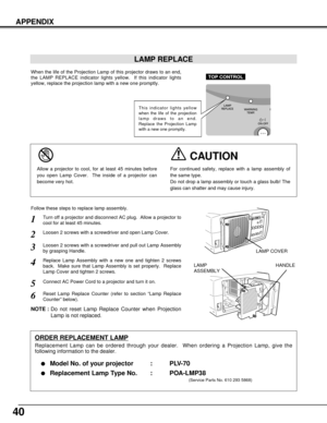 Page 4040
Turn off a projector and disconnect AC plug.  Allow a projector to
cool for at least 45 minutes.
Loosen 2 screws with a screwdriver and pull out Lamp Assembly
by grasping Handle.
1
3
Replace Lamp Assembly with a new one and tighten 2 screws
back.  Make sure that Lamp Assembly is set properly.  Replace
Lamp Cover and tighten 2 screws.4
Loosen 2 screws with a screwdriver and open Lamp Cover.2
Connect AC Power Cord to a projector and turn it on.
6
Follow these steps to replace lamp assembly.
Reset Lamp...