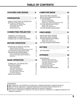 Page 55
TABLE OF CONTENTS
FEATURES AND DESIGN 6
BEFORE OPERATION 14COMPUTER MODE 22
VIDEO MODE 31
SETTING 37
APPENDIX 39 PREPARATION 7
NAME OF EACH PART OF PROJECTOR 7
SETTING-UP PROJECTOR 8
CONNECTING AC POWER CORD 8
POSITIONING PROJECTOR 9
ADJUSTABLE FEET 10
MOVING PROJECTOR 10
CONNECTING PROJECTOR 11
TERMINALS OF PROJECTOR 11
CONNECTING TO COMPUTER 12
CONNECTING TO VIDEO EQUIPMENT 13
OPERATION OF REMOTE CONTROL 14
LASER POINTER FUNCTION 14
REMOTE CONTROL BATTERIES INSTALLATION 15
TOP CONTROLS AND INDICATORS...