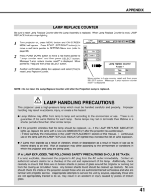 Page 4141
LAMP REPLACE COUNTER
APPENDIX
This projector uses a high-pressure lamp which must be handled carefully and properly.  Improper
handling may result in accidents, injury, or create a fire hazard.
Lamp lifetime may differ from lamp to lamp and according to the environment of use.  There is no
guarantee of the same lifetime for each lamp.  Some lamps may fail or terminate their lifetime in a
shorter period of time than other similar lamps.
If the projector indicates that the lamp should be replaced,...