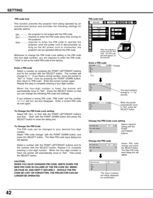 Page 4242
SETTING
The PIN code can be changed to your desired four-digit
number.
Select PIN code change with the POINT DOWN button, and
press the SELECT button.  The New PIN code input dialog box
will appear. 
Select a number with the POINT LEFT/RIGHT buttons and fix
the number with the SELECT button. Repeat it to complete
entering a four-digit number.  When the four-digit number is
fixed, the pointer will automatically move to Set.  Then press
the SELECT button.  To Change the PIN Code 
Change the PIN...