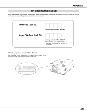 Page 5959
APPENDIX
Write down the PIN code number in the column below and keep it with this manual securely. If you forgot or lost the number
and unable to operate the projector, contact the service station. 
Factory default set No:  1 2 3 4*
Factory default set No:  4 3 2 1*
*Should the four-digit number be
changed, the factory set number will
be invalid.
Put the label below (supplied) on in a prominent place of the
projectors body while it is locked with a PIN code.
While the projector is locked with the PIN...