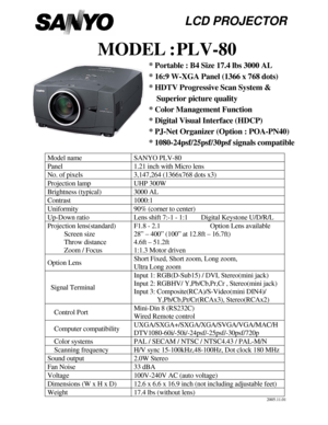 Page 1                    LCD PROJECTOR 
  
MODEL : PLV-80 
               * Portable : B4 Size 17.4 lbs 3000 AL 
               * 16:9 W-XGA Panel (1366 x 768 dots) 
                                * HDTV Progressive Scan System & 
        Superior  picture  quality 
                  * Color Management Function 
                * Digital Visual Interface (HDCP)   
                  * PJ-Net Organizer (Option : POA-PN40) 
                               * 1080-24psf/25psf/30psf signals compatible 
 
Model name...