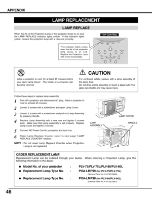 Page 4646
APPENDIX
Turn off a projector and disconnect AC plug.  Allow a projector to
cool for at least 45 minutes.
Loosen 2 screws with a screwdriver and pull out Lamp Assembly
by grasping Handle.
1
3
Replace Lamp Assembly with a new one and tighten 2 screws
back.  Make sure that Lamp Assembly is set properly.  Replace
Lamp Cover and tighten 2 screws.4
Loosen 2 screws with a screwdriver and open Lamp Cover.2
Connect AC Power Cord to a projector and turn it on.
6
Follow these steps to replace lamp assembly....