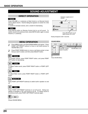 Page 2424
BASIC OPERATION
1
2
Press MENU button and ON-SCREEN MENU will appear.  Press
POINT LEFT/RIGHT buttons to move a red frame pointer to
SOUND Menu icon. 
Volume
Press VOLUME (+/–) button(s) on Side Control or on Remote Control
Unit to adjust volume.  Volume dialog box appears on screen for a few
seconds.
(+) button to increase volume, and (–) button for decreasing.
Mute
Press MUTE button on Remote Control Unit to cut off sound.  To
restore sound to its previous level, press MUTE button again or press...