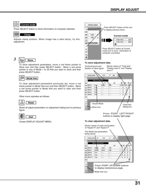 Page 3131
DISPLAY ADJUST
Press SELECT button to show information of computer selected.
Current mode
Adjusts clamp position. When image has a dark bar(s), try this
adjustment.
Clamp
Press SELECT button at Current
mode icon to show  information of
computer connected.
Current mode
Press SELECT button at this icon
to display previous items.
Reset
Store
Closes DISPLAY ADJUST MENU.
Quit
Other icons operates as follows.
3
To store adjustment parameters, move a red frame pointer to
Store icon and then press SELECT...