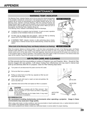 Page 39READYLAMP
LAMP
REPLACEWARNING
TEMP.
39
AIR FILTER CARE AND CLEANING
Turn power off, and disconnect AC power cord from AC outlet.1
2
Air Filter prevents dust from accumulating on surface of Projection Lens and Projection  Mirror.  Should Air Filter
become clogged with dust particles, it will reduce Cooling Fans effectiveness and may result in internal heat
build up and adversely affect life of a projector. Clean Air Filter following steps below: 
3
4
RECOMMENDATION
We recommend avoiding dusty/smoky...