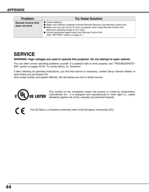 Page 4444
APPENDIX
SERVICE
WARNING: High voltages are used to operate this projector. Do not attempt to open cabinet.
You can often correct operating problems yourself. If a projector fails to work properly, see TROUBLESHOOT-
ING section on pages 43-44. To correct failure, try Solutions.
If after following all operating instructions, you find that service is necessary, contact Sanyo Service Station or
store where you purchased unit.
Give model number and explain difficulty. We will advise you how to obtain...