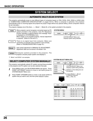 Page 2626
BASIC OPERATION
SYSTEM SELECT
This projector automatically tunes to most different types of computers based on VGA, SVGA, XGA, SXGA or UXGA (refer
to “COMPATIBLE COMPUTER SPECIFICATION” on pages 50-51). When a computer is selected, this projector
automatically tunes to incoming signal and projects the proper image without any special setting. (Some computers need to
be set manually.) 
The projector displays one of the Auto, -----, Mode 1 ~ Mode 20, or the system provided in the projector.
When...