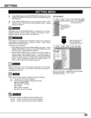 Page 3535
SETTING
SETTING MENU
Press MENU button and ON-SCREEN MENU will appear.  Press
POINT LEFT/RIGHT button(s) to move a red-frame pointer to
SETTING icon.1
2
Language
Press POINT DOWN button to move a red-frame pointer to item
that you want to set and then press 
SELECT button.  Setting
dialog box appears.
When pressing SELECT
button at Language,
Language Menu appears.
SETTING MENU
Language used in ON-SCREEN MENU is selectable from among
English, German, French, Italian, Spanish, Portuguese, Dutch,...