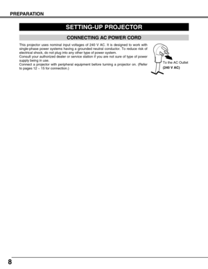 Page 88
PREPARATION
SETTING-UP PROJECTOR
This projector uses nominal input voltages of 240 V AC. It is designed to work with
single-phase power systems having a grounded neutral conductor. To reduce risk of
electrical shock, do not plug into any other type of power system.
Consult your authorized dealer or service station if you are not sure of type of power
supply being in use.
Connect a projector with peripheral equipment before turning a projector on. (Refer
to pages 12 ~ 15 for connection.) 
CONNECTING AC...