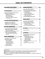 Page 55
TABLE OF CONTENTS
FEATURES AND DESIGN 6
BEFORE OPERATION 16COMPUTER INPUT 25
VIDEO INPUT 34
SETTING 39
APPENDIX 43 PREPARATION 7
NAME OF EACH PART OF PROJECTOR 7
SETTING-UP PROJECTOR 8
CONNECTING AC POWER CORD 8
LENS INSTALLATION 9
POSITIONING PROJECTOR 9
LENS SHIFT ADJUSTMENT 9
PICTURE LEVEL AND TILT ADJUSTMENT 10
MOVING PROJECTOR 10
CONNECTING PROJECTOR 11
TERMINALS OF PROJECTOR 11
CONNECTING TO COMPUTER 14
CONNECTING TO VIDEO EQUIPMENT 15
TOP CONTROLS AND INDICATORS 16
OPERATION OF REMOTE CONTROL...