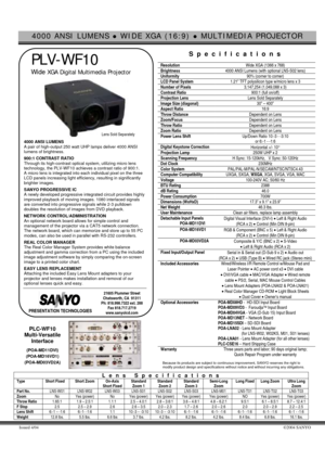 Page 14000 ANSI LUMENS z WIDE XGA (16:9) z MULTIMEDIA PROJECTOR 
Issued 4/04 ©2004 SANYO   
 PLV-WF10 
 Wide XGA Digital Multimedia Projector  
 
4000 ANSI LUMENS 
A pair of high-output 250 watt UHP lamps deliver 4000 ANSI 
lumens of brightness. 
 900:1 CONTRAST RATIO 
Through its high-contrast optical system, utilizing micro lens 
technology, the PLV-WF10 achieves a contrast ratio of 900:1. 
A micro lens is integrated into each individual pixel on the three 
LCD panels increasing light efficiency, resulting...